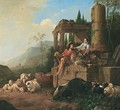 Southern Landscape With A Drover And Shepherdess With Their Flocks Beside A Fountain - Johann Heinrich Roos