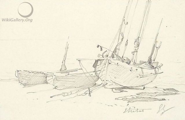 Fishing boats on the beach at etretat - Eugène Isabey