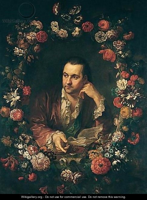 Portrait Of A Man, Half-Length, Reading A Book, Within A Garland Of Flowers - (after) Jan Kupecky