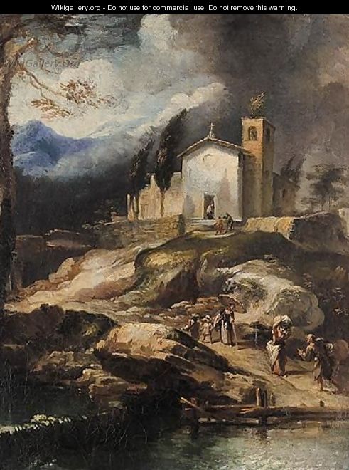 Landscape With A Hilltop Church, With Figures Beside A River - North-Italian School