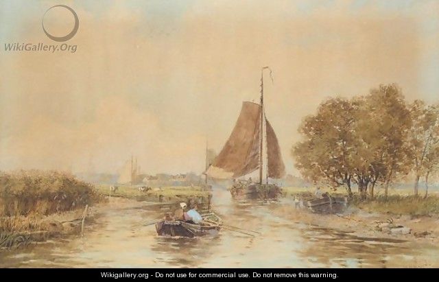 Barges in a dutch landscape - Walter William May