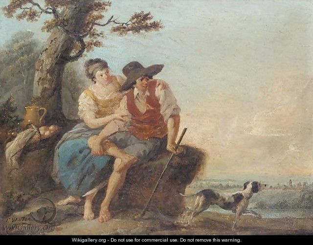 A pastoral landscape with a dairymaid, a shepherd and his dog - (after) Louis-Joseph Watteau