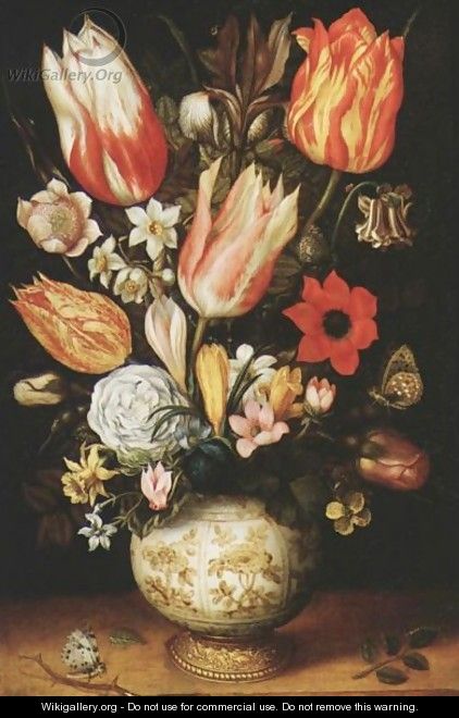 Tulips, Roses, Narcissi, Daffodils, Crocuses, An Iris, A Poppy And Other Flowers In A Gilt-Mounted Porcelain Vase On A Ledge, With A Queen Of Spain Fritillary, A White Ermine And A Magpie Butterfly - Christoffel van den Berghe