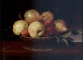 Still Life Of Pears, Plums, And Apples In A Basket Resting On A Ledge - Pedro de Camprobin