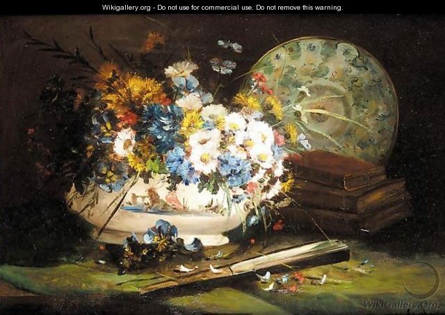 Still life of daisies and pansies in a vase - Eugene Henri Cauchois