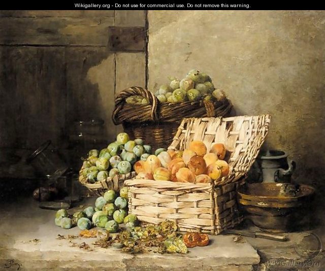 Still life of peaches and apples in a basket - Albert Patte