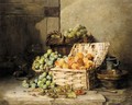 Still life of peaches and apples in a basket - Albert Patte