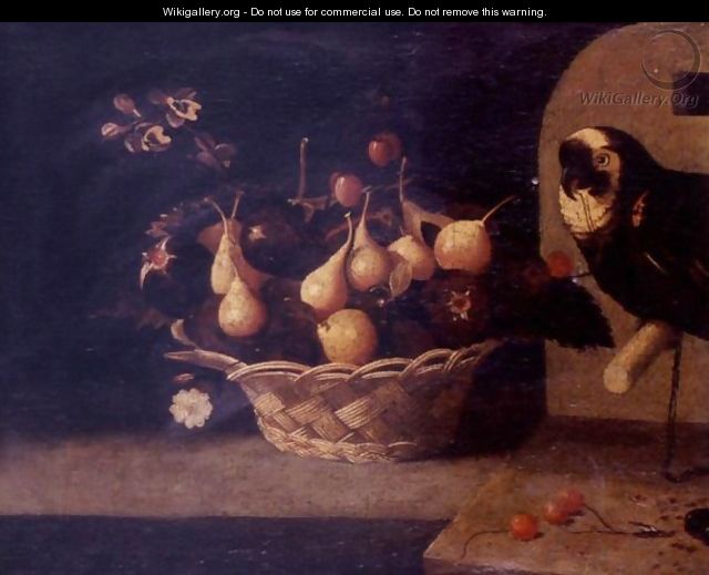 Still Life Of Cherries, Plums And Figs In A Basket Resting On A Ledge, A Parrot Looking On - (after) Baltazar Gomes Figueira