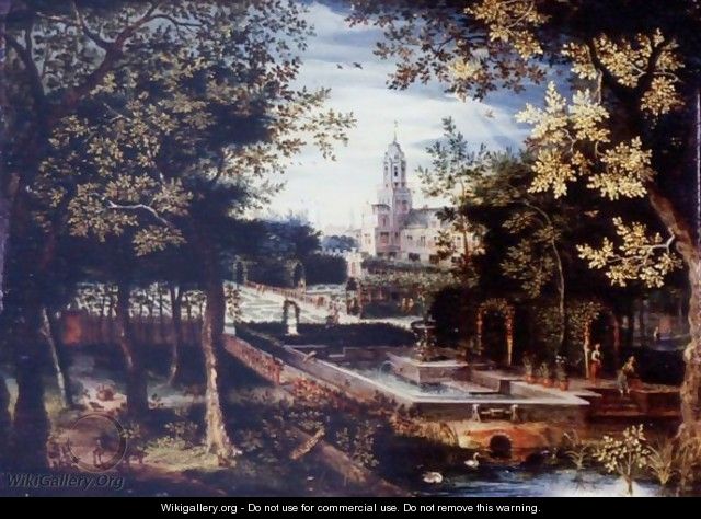 Wooded Landscape With Animals And Huntsmen, A Manorhouse And Gardens Beyond - (after) Balthasar Lauwers