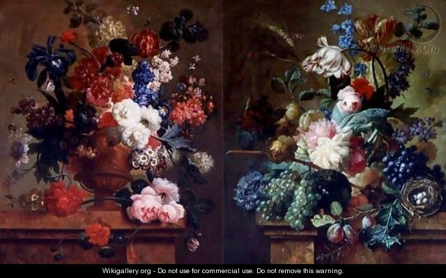 Still Lifes Of Flowers And Fruits On A Marble Ledge A Pair Of Paintings - Paul-Theodor Van Brussel