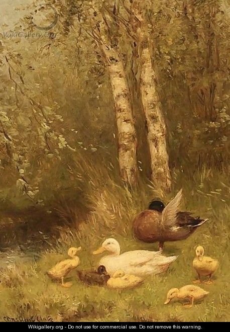 Duck With Ducklings On The Riverside - David Adolf Constant Artz