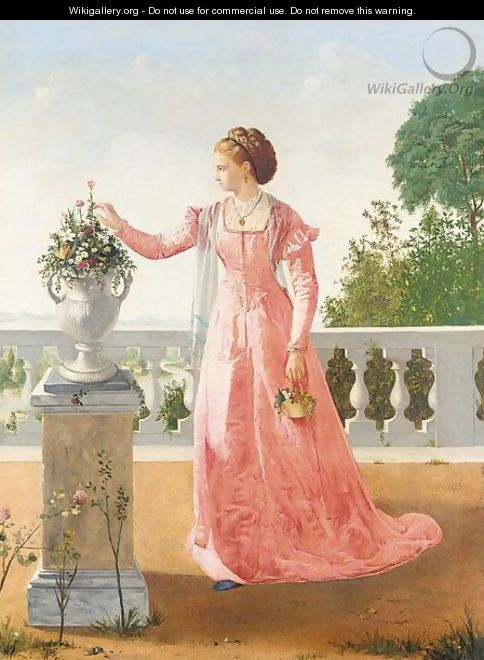 Portrait of a lady in pink satin dress, standing on a veranda - Henry Thomas Schafer