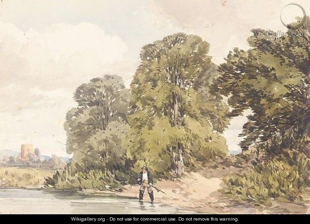 Fisherman On A River With Woodland And A Church In The Background - William Callow