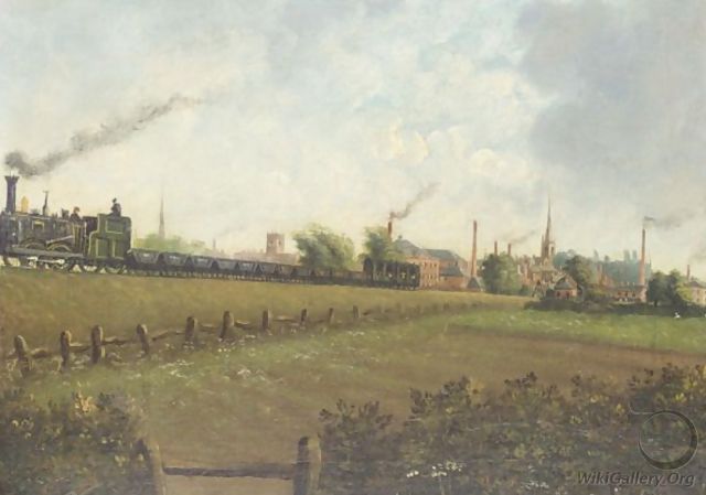 A Steam Locomotive Leaving Leicester On The Glenfield Line With St.Mary De Castro Factories And Warehouses - English School