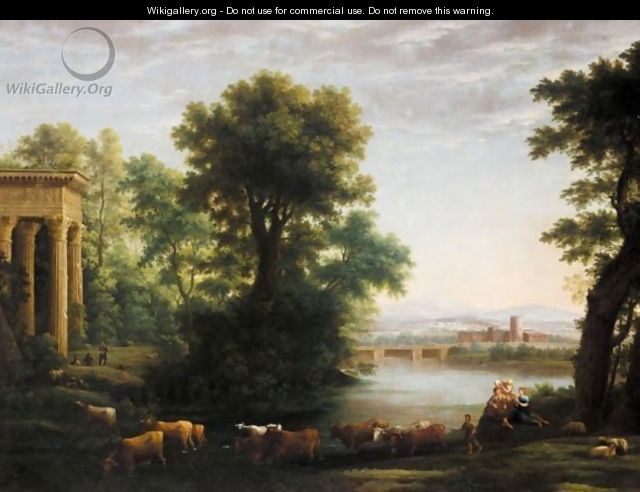 A Pastoral Landscape With Drovers And Cattle Fording A River Before A Classical Portico - (after) Claude Lorrain (Gellee)