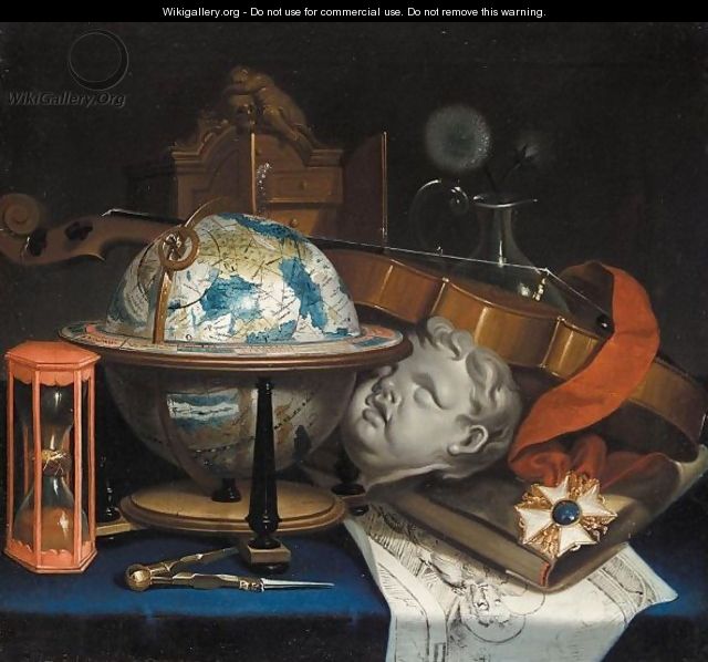 Still Life With A Globe, A Violin, Hourglass, And An Order - (after) Simon Renard De Saint-Andre