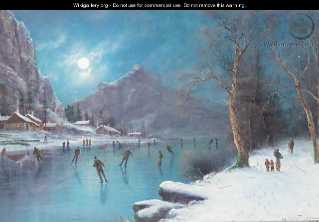 Skaters On A Frozen Lake By Moonlight - Nils Hans Christiansen