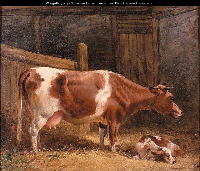 A Cow And Calf In A Stall - John Frederick Herring Snr