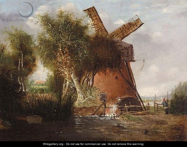 A Norfolk Landscape With A Windmill - Alfred Stannard