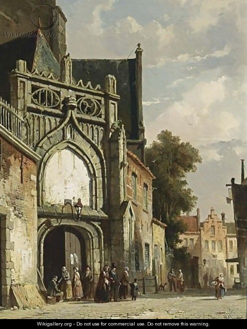 Figures Near A Church Entrance - Adrianus Eversen