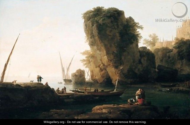 A Cove On A Rocky Mediterranean Coast, With Small Vessels And Fishermen - Claude-joseph Vernet