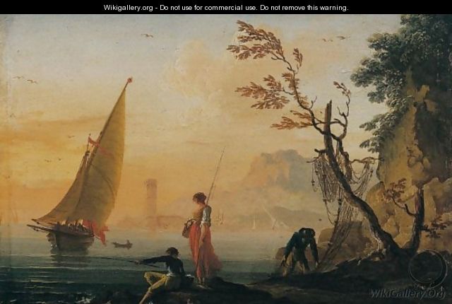 A Coastal Landscape At Sunset With Fisherfolk In The Foreground - Charles Francois Lacroix de Marseille