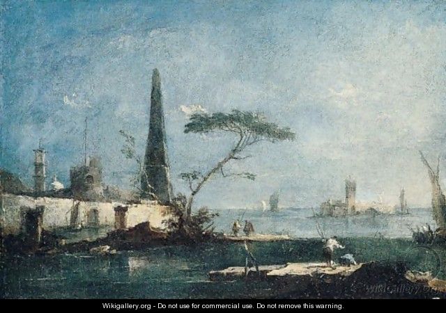 A Capriccio Of The Venetian Lagoon With An Obelisk, A Fortified Island, And Fishermen In The Foreground - Francesco Guardi