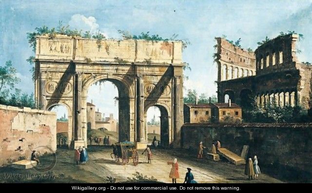 Rome, A View Of The Arch Of Constantine, With The Colosseum In The Right Background - Italian Unknown Master