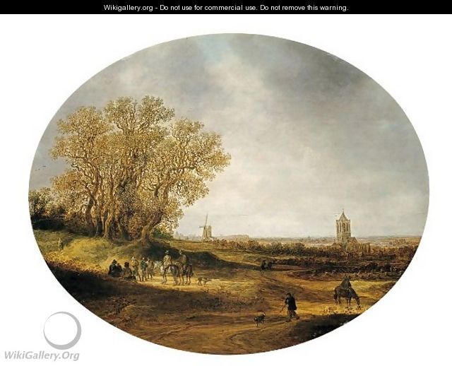 Two Riders And Other Figures On A Road, With A Distant View Of The Church Of Nieder-Elten - Jan van Goyen