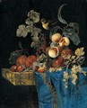 Still Life Of Apricots, Plums, Red And White Currants And Strawberries Arranged On A Marble Ledge Draped With A Blue Cloth And A Bird - Willem Van Aelst