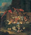 Still Life Of Fruits In A Basket And A Blue And White Dish With A Parrot In A Landscape - Jan Pauwel II the Younger Gillemans