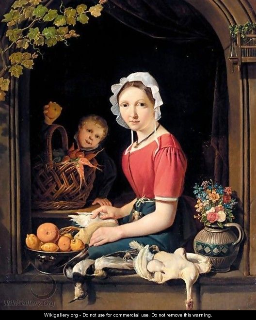A Young Woman Seated At A Window Plucking Fowl, With A Boy Behind Holding An Apple - Dutch School