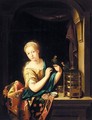 A Young Girl At A Window, Holding A Parrot - Willem van Mieris