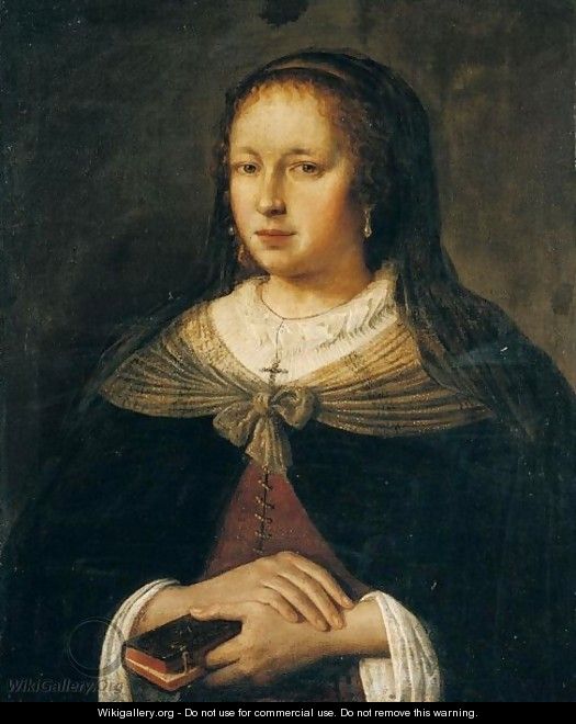 Portrait Of A Lady, Half Length, Wearing Black, Holding A Book - Jan Victors