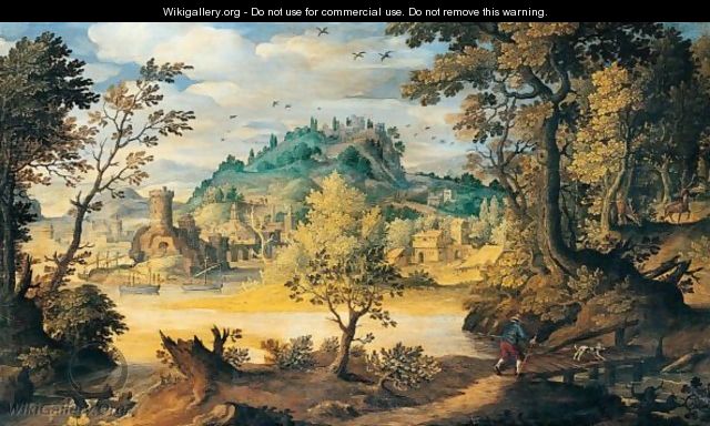 A River Landscape With A Traveller Crossing A Bridge In The Foreground, A Town Beyond - (after) Paul Bril