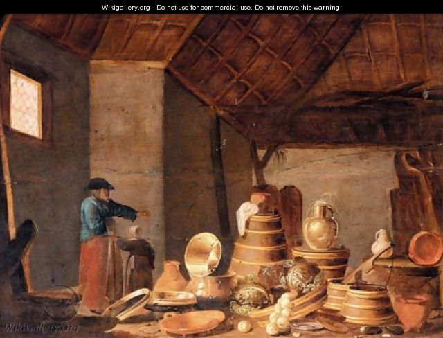 A Barn Interior With A Still Life Of Cooking Utensils Together With A Mother And Child - Jan Spanjaert