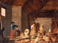 A Barn Interior With A Still Life Of Cooking Utensils Together With A Mother And Child - Jan Spanjaert