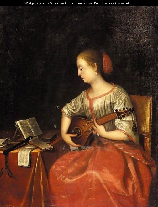 An Interior With A Seated Lady Playing A Cittern - (after) Gabriel Metsu