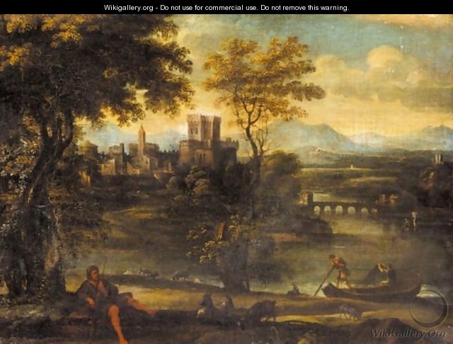 A Classical Landscape With A Shepherd And Fisherman, A Town Beyond - (after) Pietro Paolo Bonzi