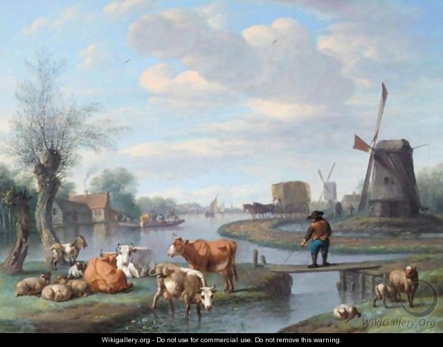 An Extensive River Landscape With Windmills And A Ferry Boat - Jan van Doornik