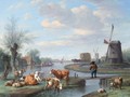 An Extensive River Landscape With Windmills And A Ferry Boat - Jan van Doornik