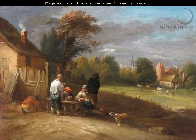 A Landscape With Boors Smoking Outside A Cottage, A Village Beyond - (after) Theobald Michau