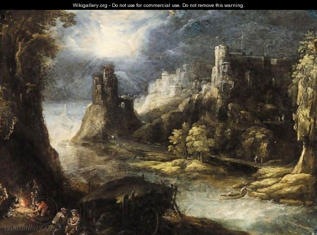 A River Landscape With A Forge, A Hilltop Town Beyond - (after) Frederik Valckenborch