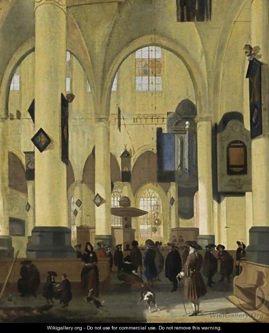 An Interior Of A Protestant Gothic Church With Figures During A Sermon - Hendrick Van Streek