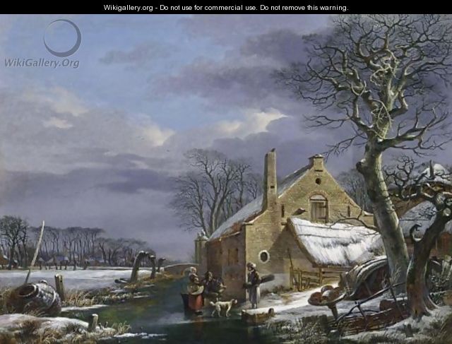 A Winter Landscape With Figures And A Dog On A Frozen Ditch Near A Farmhouse, A Village In The Background - Arnoldus Van Well Dordrecht