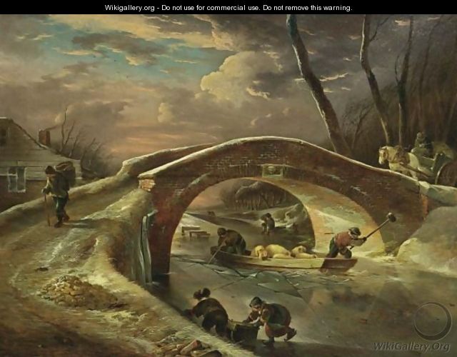A Winter Landscape With A Horse Drawn Cart Going Over A Bridge, Peasants Transporting Pigs Over The River, And Children Sledging - Andries Vermeulen
