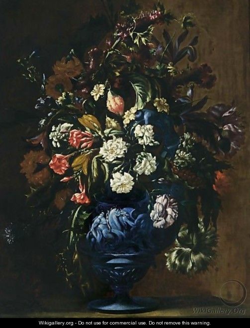 A Still Life With Roses, Carnations, Poppy Anemones, Cornflowers, Irises, Lilies And Other Flowers In A Blue Sculpted Stone Vase - (after) Dei Fiori (Nuzzi) Mari