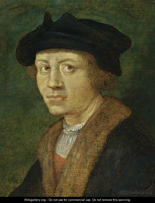 A Portrait Of A Young Man, Head And Shoulders, Wearing A Fur-Lined Black Coat And A Black Beret - (after) Jan Van Scorel