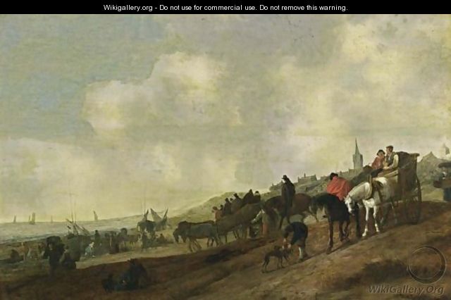 A Beach Scene With Fishermen Unloading Their Catch, And Figures Arriving In Horse-Drawn Carts Together With Dogs, A Church Tower And A Village Beyond - (after) Cornelis Beelt