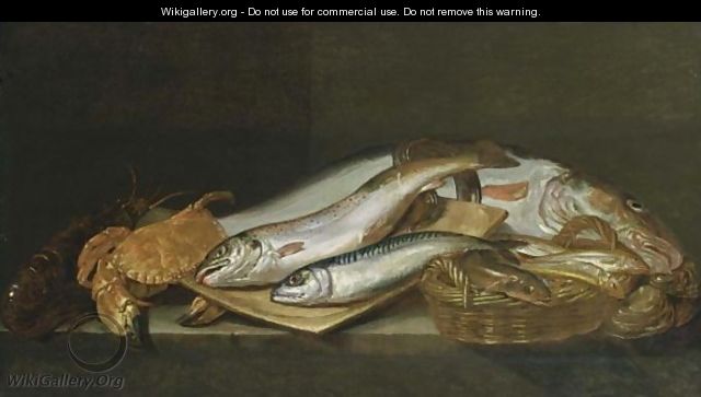A Still Life With A Mackerel, A Salmon-Trout, A Cod, A Lobster, A Crab, An Eel Together With Other Fish In A Basket, All On A Ledge With Shell-Fish - Flemish School